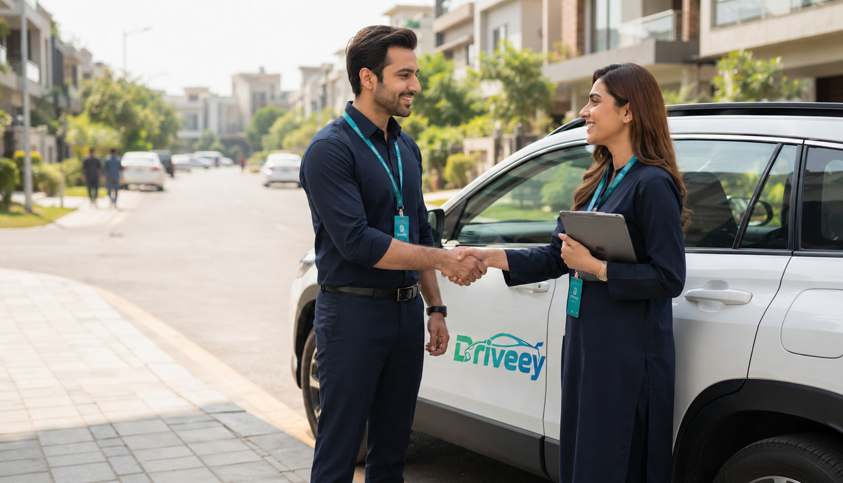 Driver and passenger meeting beside a vehicle before a trip